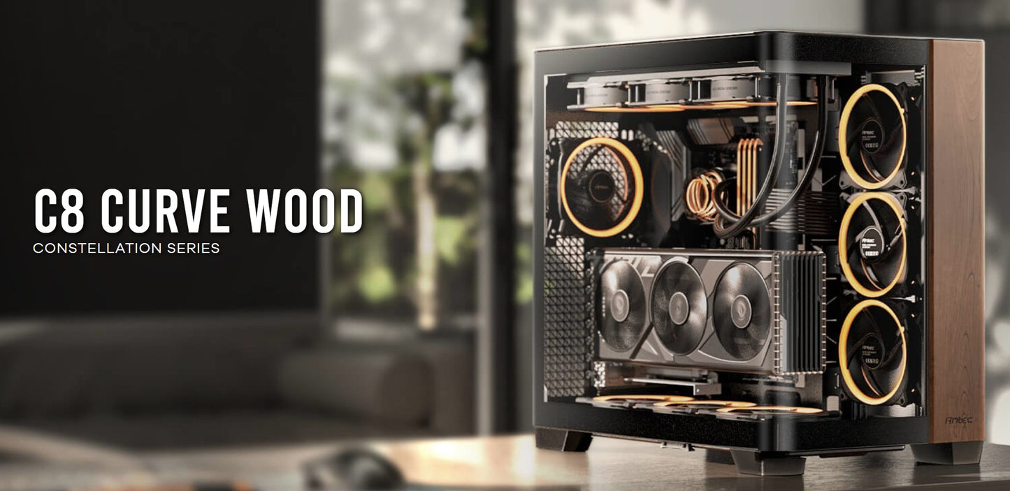 Antec C8 Curve Wood - Wallnut, E-ATX/Micro-ATX/ITX Curved TG, Back-Connect, 3x360mm Rad, 440mm GPU, USB-C 10Gbps, 2Yr Wty
