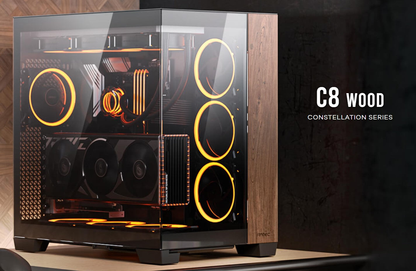 Antec C8 Wood ATX, E-ATX, Seamless Edge View Front and Side, USB-C, 4mm Tempered Glass, 360mm liquid cooler top, bottom, side. 2x USB 3.0 Black Case