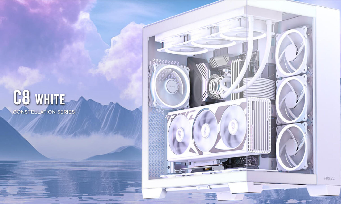 Antec C8 E-ATX, mATX, ITX, Seamless Edge View Front and Side, USB-C, 4mm Tempered Glass, 360mm liquid cooler top, bottom, side. 2x USB 3.0 White Case