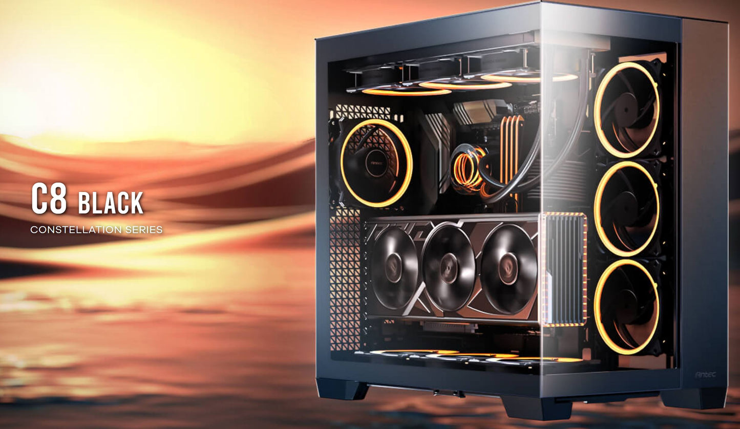 Antec C8 ATX, E-ATX. mATX, Seamless Edge View Front and Side, USB-C, 4mm Tempered Glass, 360mm liquid cooler top, bottom, side. 2x USB 3.0 Black Case