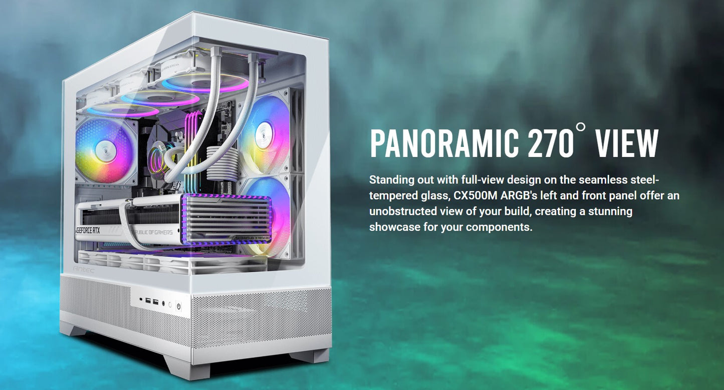 Antec CX500M ARGB White Seamless mATX, ITX, USB-C, Up to 6 Fans. 3 x RGB included (2x Front Right, 1 x Rear). Gaming Case