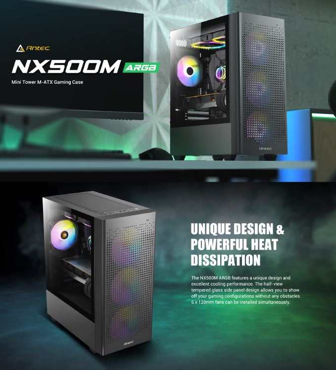 Antec NX500M ARGB mATX, Mesh, USB-C, 3x ARGB 120mm, USB 3.0, HD Audio, 360mm Radiator Front & 240 Top, 2x ARGB Front, 1 x Rear, removable HDD, Case