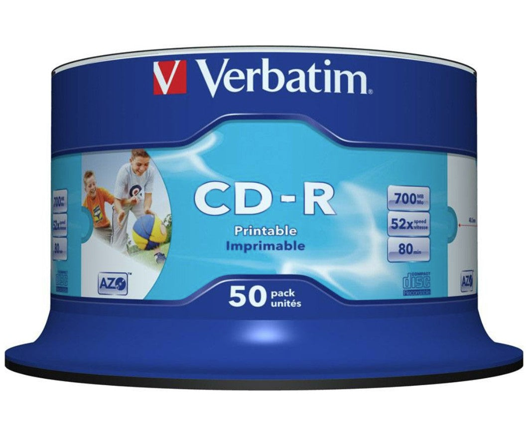 Verbatim CD-R 700MB 50Pk White InkJet 52x Superior ink absorption on high-resolution 5,760 DPI printers