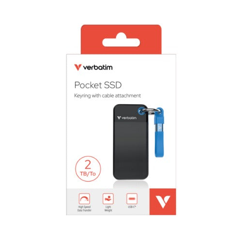 Verbatim 2TB Pocket SSD USB 3.2 Gen 2 2TB Black/Blue, Convenient keyring and cable holder keeps your cable neat and tangle-free