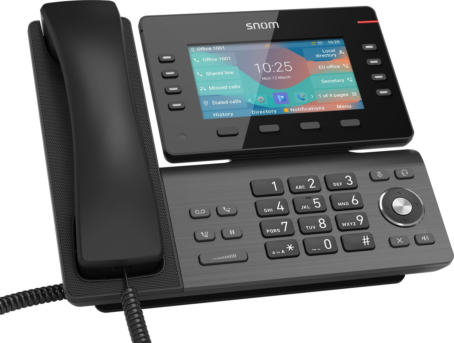 SNOM D862, Large tilting 5 inch IPS colour display, High speed USB 2.0 connection, 8 programmable function keys, Optimised noise reduction HD audio