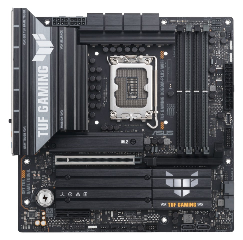 ASUS TUF GAMING B860M-PLUS WIFI LGA1851 mATX Motherboard 256GB, 4x DDR5, 1 x PCIe 5.0, 3 x M.2 slots, 4 x SATA, WiFi 7, 1 x HDMI, 1 x DP