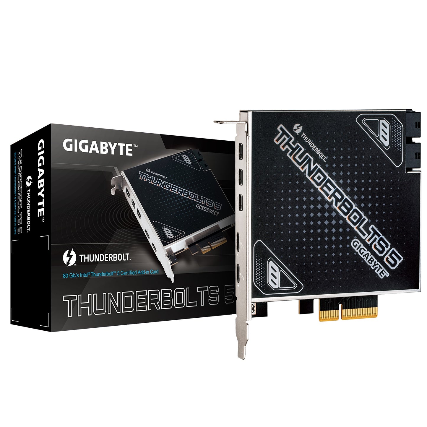 Gigabyte CARD THUNDERBOLTS 5 1.0 add-in card, Intel® JHL9580 Thunderbolt™ 5 controller, Dual Thunderbolt™ 5 Ports, up to 80 Gb/s bi-directional