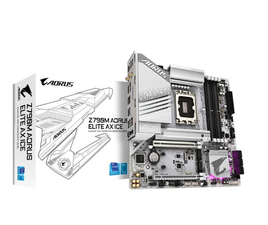 Gigabyte Z790M AORUS ELITE AX ICE Intel LGA 1700 ATX Motherboard, 4x DDR5 ~128GB, 1x PCI-E x16, 3x M.2, 6x SATA, 6x USB 3.2, 1x USB-C,4x USB 2.0