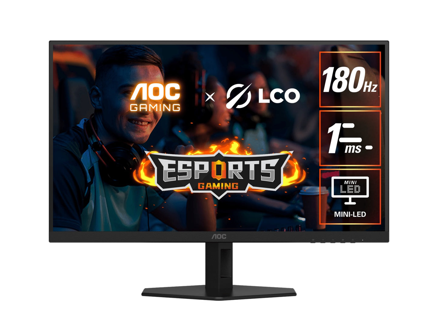 AOC 27' QD-MiniLED Monitor â QHD 180Hz, 1ms, 5000:1 contrast, 1200 nits peak HDR, Quantum Dot VA, 148% sRGB, DP 1.4, HDMI 2.0, tilt adjusable