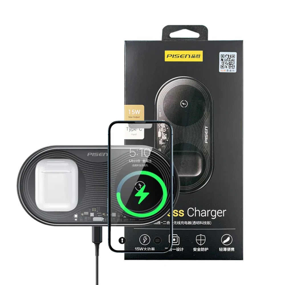 Pisen 2-in-1 Wireless Charger - XY-C18/Black, High Speed Charging, Support Simultaneous Charging, Type-C Universal Interface, 2 Years Warranty