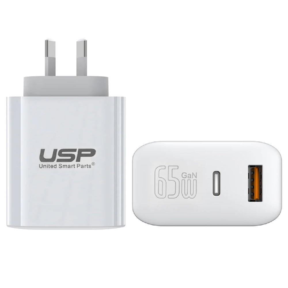 USP 65W Dual Port GaN Fast Wall Charger - White, 1xUSB-C(45W PD), 1xUSB-A(18W QC 3.0), Intelligent PPS Technology, 2 Years Warranty