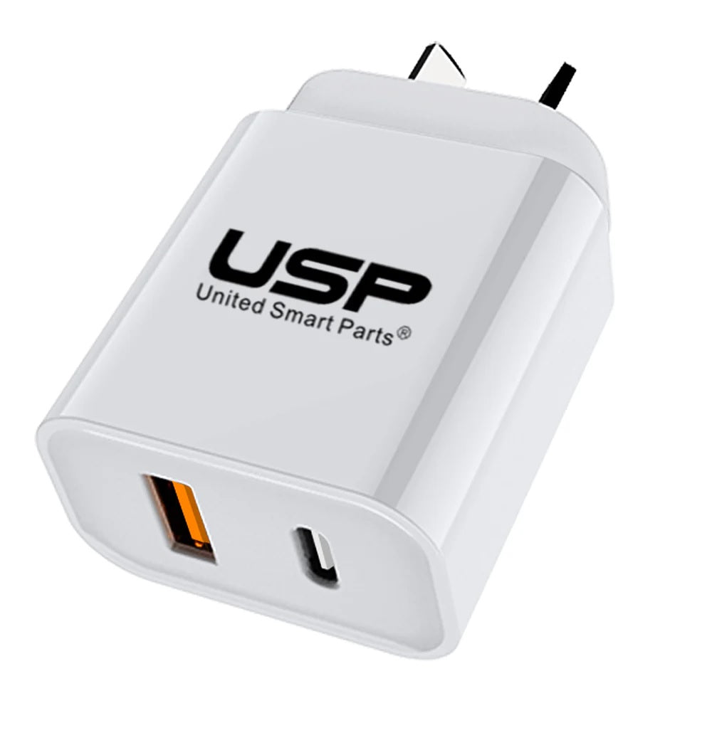 USP 20W Dual Port Fast Wall Charger - White, 1xUSB-C(20W PD), 1xUSB-A(18W QC 3.0), Compact and Lightweight, 2 Years Warranty