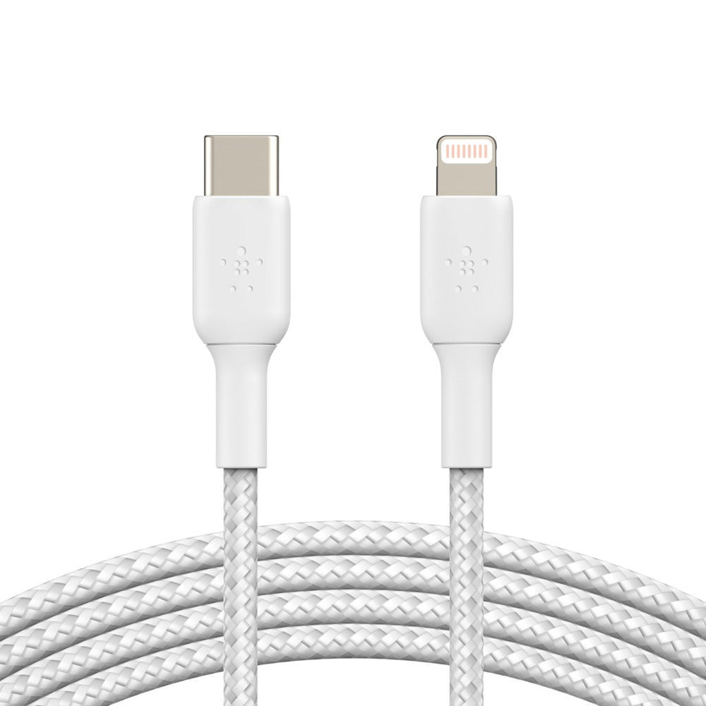 Belkin BoostCharge Braided Lightning to USB-C Cable (2m/6.6ft) - White (CAA004bt2MWH), 30W, 480Mbps, Apple iPhone / iPad / Macbook, 2 Years Warranty