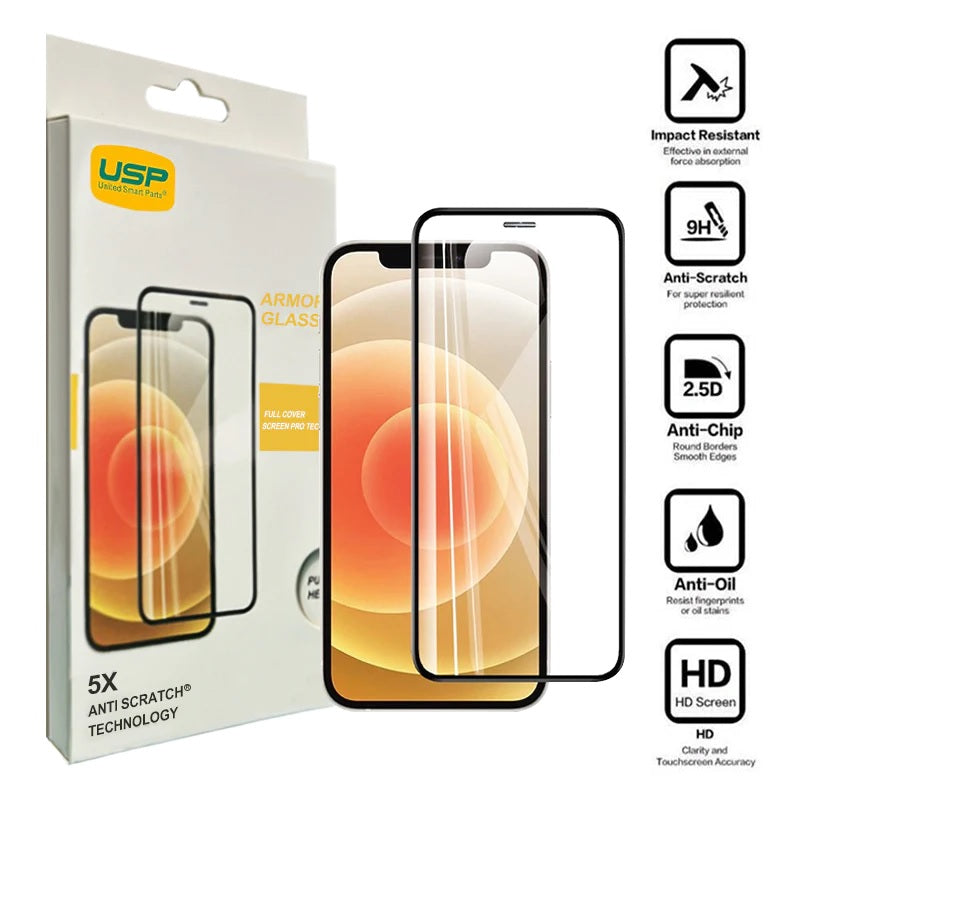 USP Apple iPhone 12 Pro / iPhone 12 (6.1') Armor Glass Full Cover Screen Protector - Impact-Resistant, Smooth Edges, 3 Years Warranty