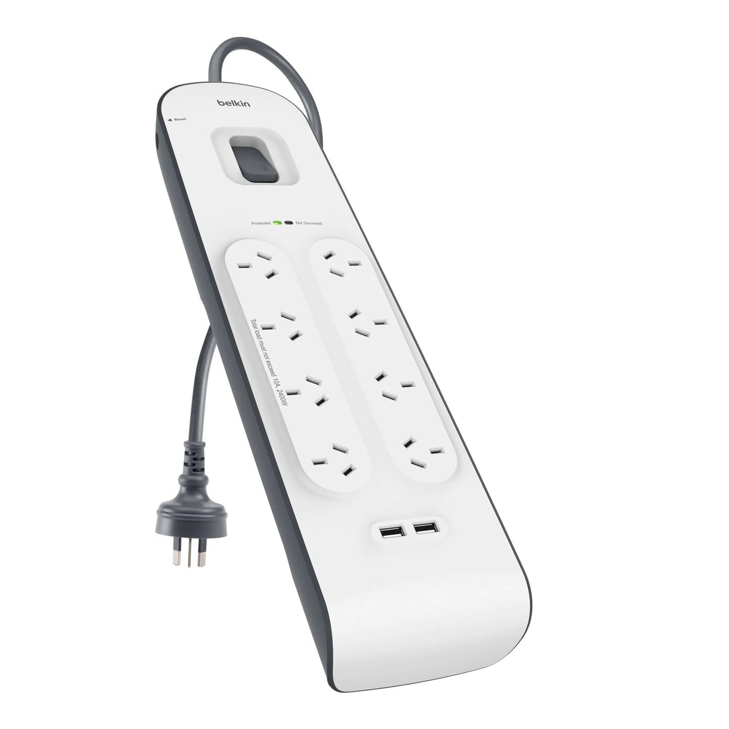 Belkin SurgePlus 8-Outlet Surge Protection Strip With Two (2.4) Amp USB Charging Ports - White (BSV804au2M), 2M Power Cord, 2 Years Warranty