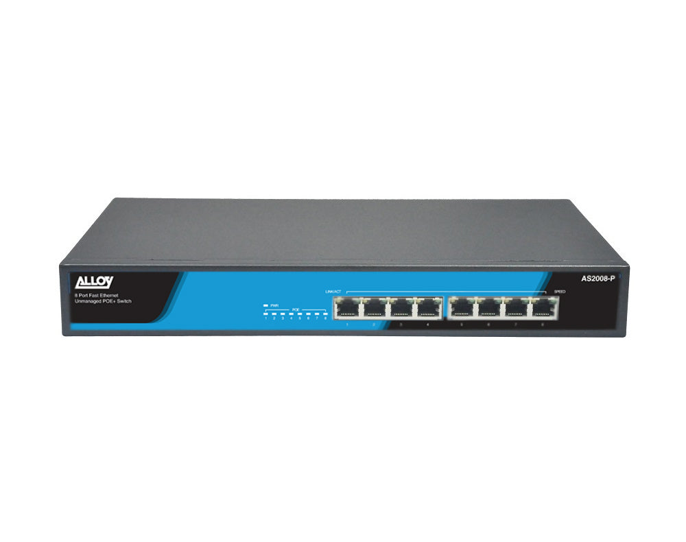 Alloy AS2008-P 8 Port Unmanaged Fast Ethernet 802.3at PoE Switch, 150 Watts