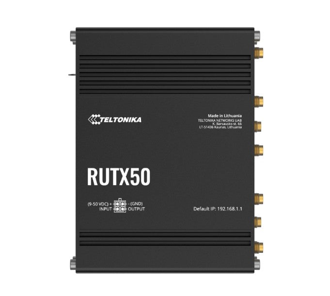 Teltonika RUTX50 Industrial 5G Router, 5G dual SIM cellular, 5x Gigabit Ethernet ports, dual-band WI-Fi, PSU included