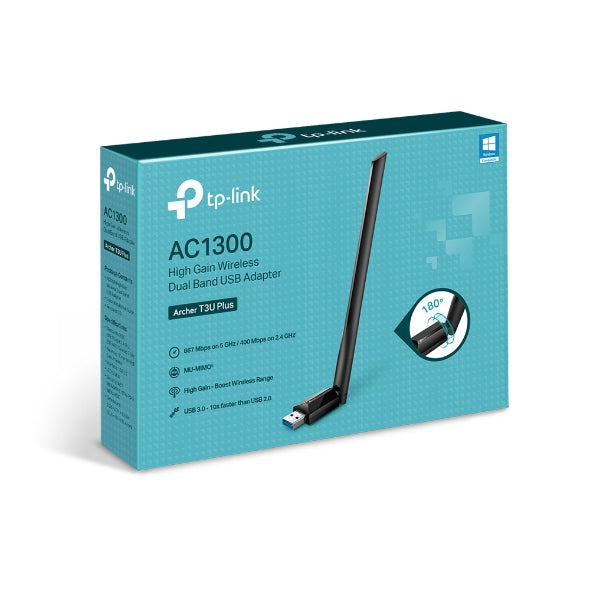 TP-Link Archer T3U Plus AC1300 High Gain Wi-Fi Dual Band USB Adapter, 867Mbps at 5GHz + 400Mbps at 2.4GHz, USB 3.0, 1xHigh Gain External Antenna, MU-