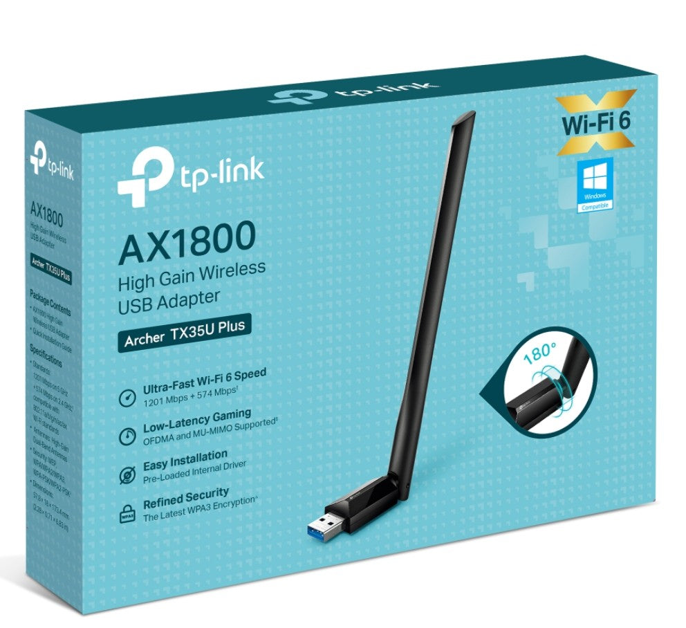 TP-Link Archer TX35U Plus AX1800 High Gain Wireless USB Adapter, 1201 Mbps at 5 GHz + 574 Mbps at 2.4 GHz, 1Ã High Gain External Antenna, USB 3.0
FEA