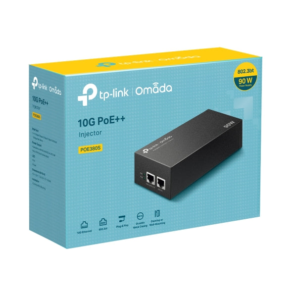 TP-Link POE380S Omada 10G PoE++ Injector PORT: 1Ã 10Gbps PoE Port, 1Ã 10Gbps Non-PoE Port, SPEC: 802.3bt/at/af Compliant, 90 W PoE Power, Data and Pow