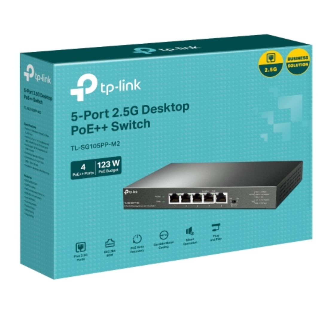 TP-Link TL-SG105PP-M2 5-Port 2.5G Desktop Switch with 4-Port PoE++, 4Ã 2.5G PoE++ Ports, 1x 2.5G Non-PoE Port, PoE Auto Recovery for Port1-4, Plug and