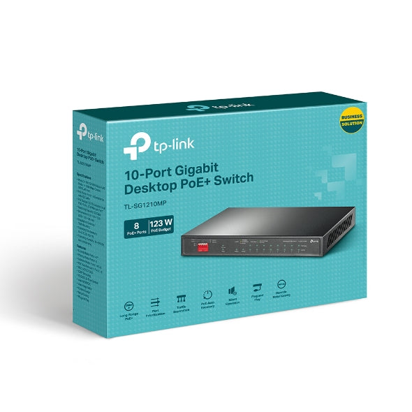TP-Link TL-SG1210MP 10-Port Gigabit Desktop Switch with 8-Port PoE+PORT: 8Ã Gigabit PoE+ Ports, 2x Gigabit Non-PoE Ports, 1Ã Combo Gigabit SFP SlotS