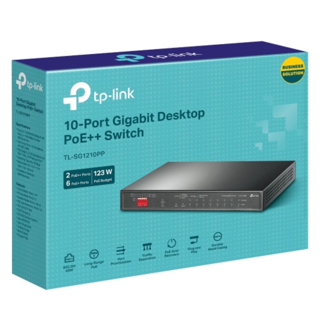 TP-Link TL-SG1210PP 10-Port Gigabit Desktop Switch with 6-Port PoE+ and 2-Port PoE++ , 9Ã 10/100/1000Mbps RJ45 Ports, 1Ã 1000Mbps Combo SFP/RJ45 Port