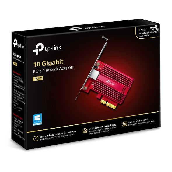 TP-Link TX401 10G 10 Gigabit PCI Express Network Adapter Low-Profile & Full-Height Brackets 1Ã PCI Express 3.0 x4, 1Ã RJ45 Gigabit/Megabit Port (NIC)