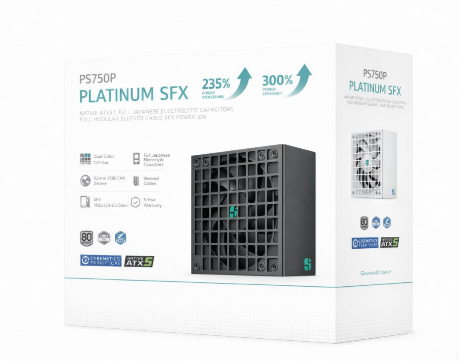 DeepCool PS750P 750W Gamer Storm SFX12V V4.1 & ATX12V V3.1M Full Japanese Electroyltic Capacitors, Cybenetics Platinum/PPLP 115V Platinum