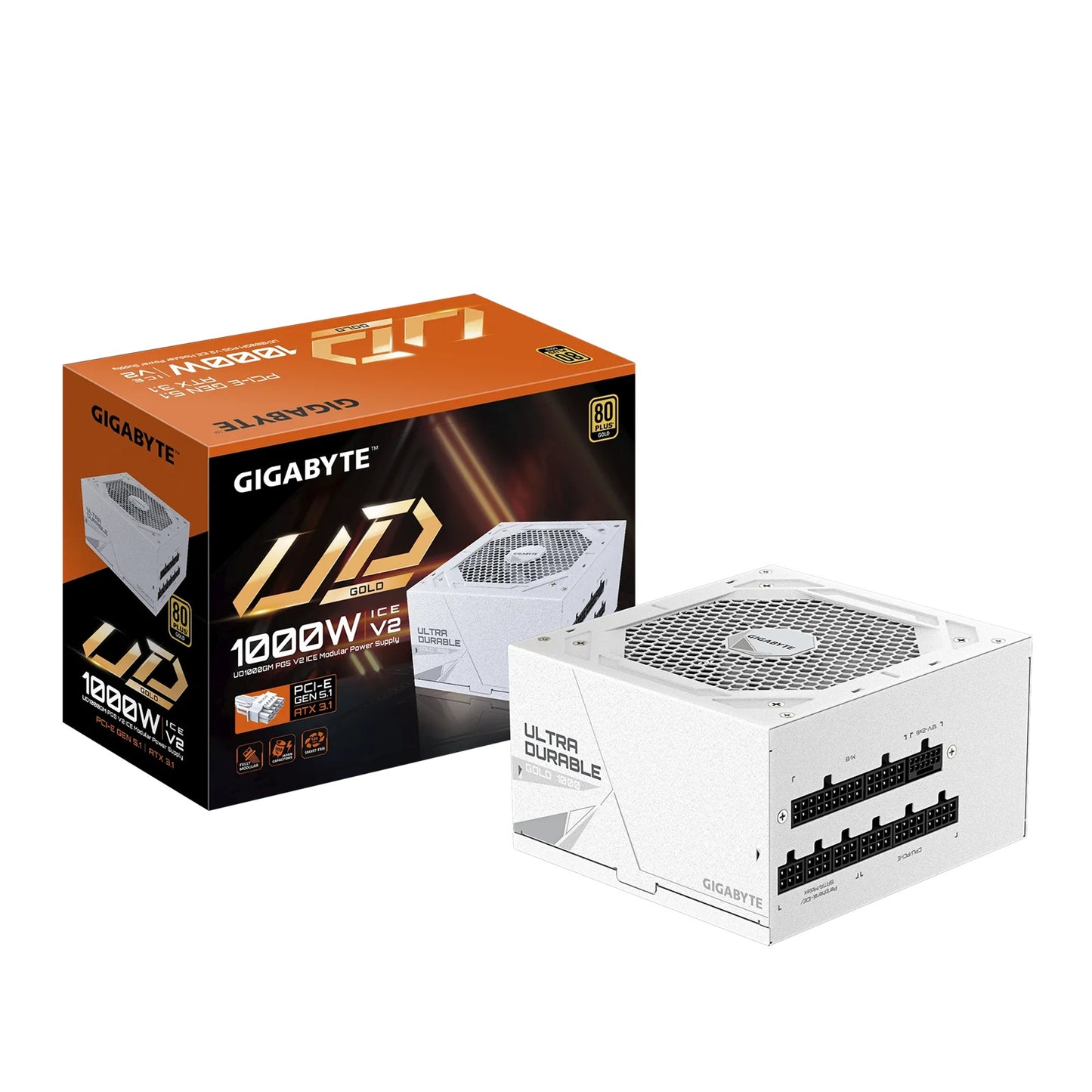 (LS) Gigabyte UD1000GM PG5 ICE 1000W ATX PSU Power Supply 80+ Gold >90% 120mm Fan Black Flat Cables Single +12V >100K Hrs