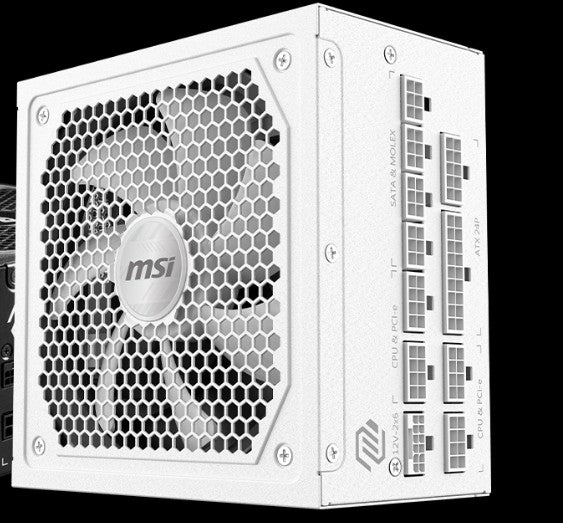 MSI MAG A1000GL PCIE5 ATX Power Supply Uni - White, 1000W, 80+ Gold, Fully Modular, PCIe5 600W, 135mm FDB Fan, Active PFC, 100-240V, 10yr wty, OCP/UVP