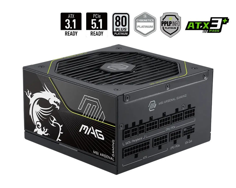 MSI MAG A1200PLS PCIE5, 1200W, 80 PLUS Platinum, Fully Modular, ATX, Native 12V-2x6 PCIe 5.1, 135mm FDB Fan, RTX 50 Series Ready