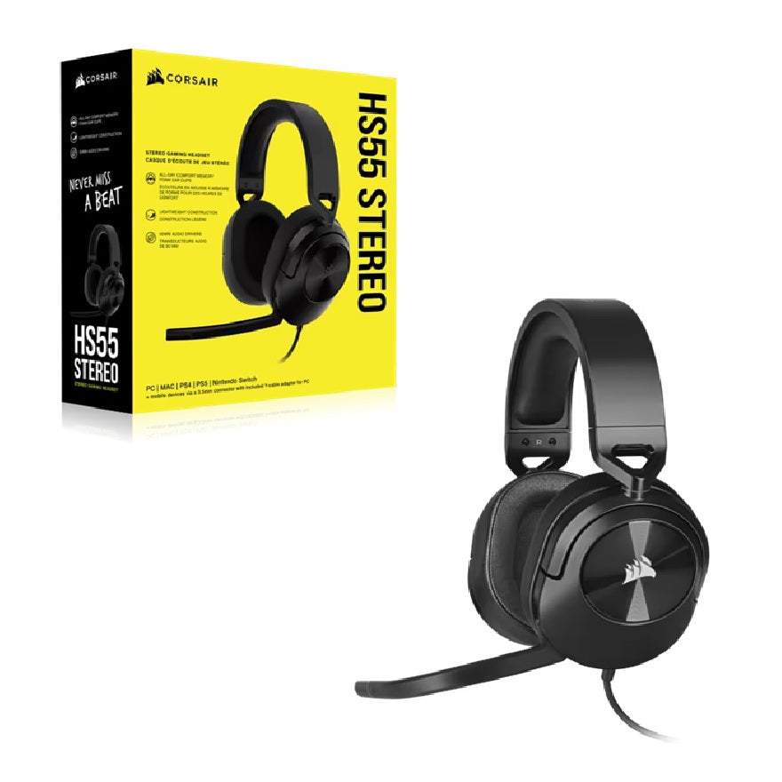 Corsair HS55 STEREO Wired Gaming Headset - Carbon, 50mm drivers, 20Hzâ20kHz, wired 3.5mm stereo, multi-platform support (PC/PS/Xbox/Switch/mobile)