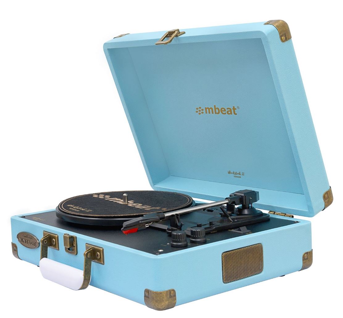 mbeat® Woodstock 2 Sky Blue Retro Turntable Player with BT Receiver & Transmitter Built-in Bluetooth receiver eaturing 3 speed settings Weight: 3.2kg