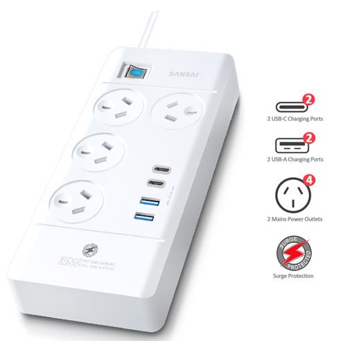 Sansai 4 Way Powerboard 4 Outlet 2ÃUSB-A 2ÃUSB-C Charging Ports Ports 10A 240V Individually Switched 2 extra spaced sockets 1M Length