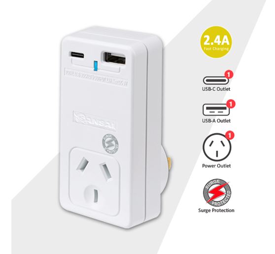 Sansai USB C + A 2xUSB charging Outlets Power Adaptor 240V 10A Power status indicator Wall Charger