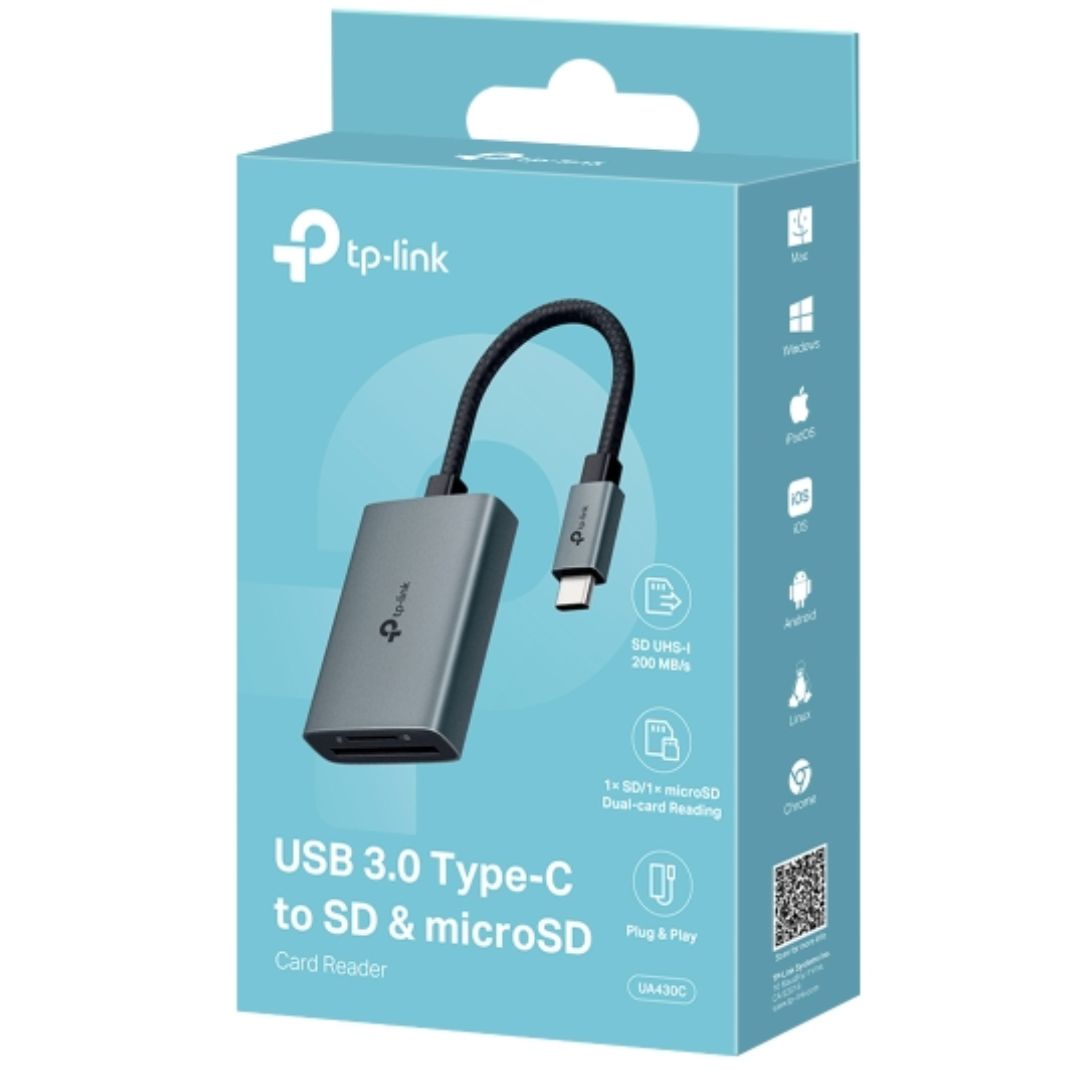 TP-Link UA430C USB 3.0 Type-C to SD & microSD 3.0 Card Reader, support SDï¼SDHCãSDXCï¼microSDãmicroSDHCãmicroSDXC cards up to 2TB.