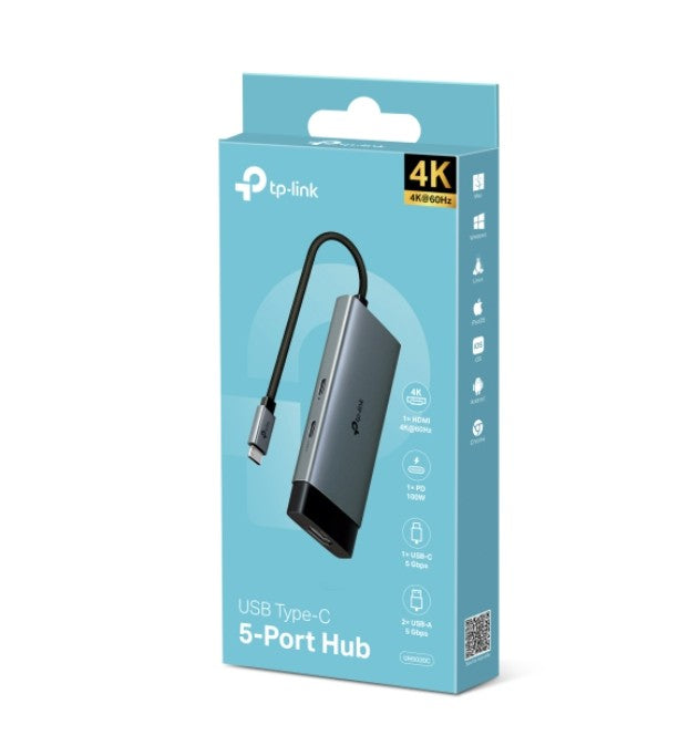 TP-Link UH5020C USB Type-C 5 in 1 Hub, 4K@60Hz HDMI, 100W Power Delivery, 1Ã USB-C Data Port, 2Ã USB-A Data Ports.