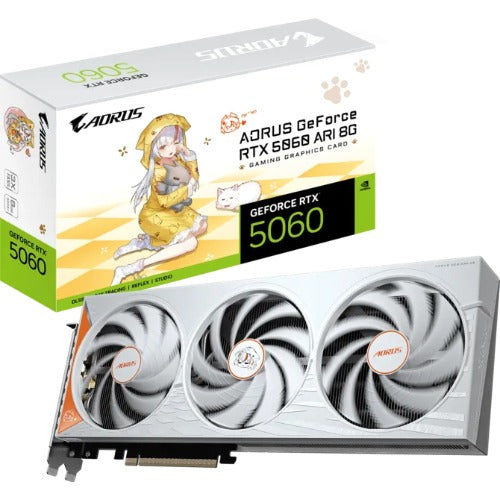 Gigabyte GV-N5060AORUS ARI-8GD, GeForce RTX⢠5060 8GB, GDDR7, 128-bit, 2722 MHz Boost, 28gbps PCIe 5.0, 3840 CUDA Cores, 550WPSU, 8-Pinx1, DP 2.1b x3