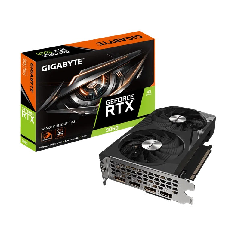 Gigabyte GeForce RTX⢠3060 WINDFORCE OC 12G 2.0, 1792 MHz, CUDA 3584, 15000 MHz, GDDR6, 192 bit, PSU 550W, 8 pin*1, DisplayPort 1.4a *2 HDMI 2.1 *2