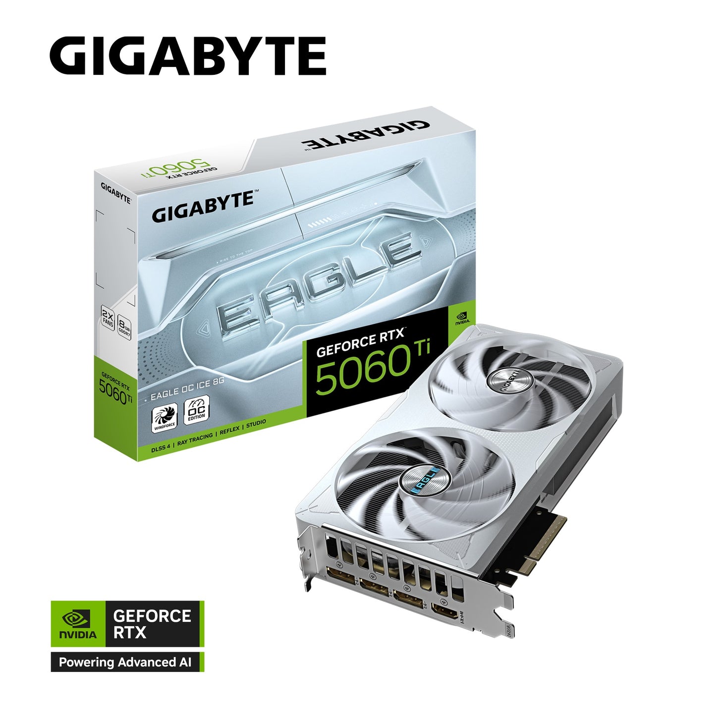 Gigabyte GeForce RTX⢠5060 Ti EAGLE OC ICE 8G, 2617 MHz, 28 Gbps, GDDR7, 128 bit, PCI-E 5.0, ATX, PSU 650W, DisplayPort 2.1b *3, HDMI 2.1b *1