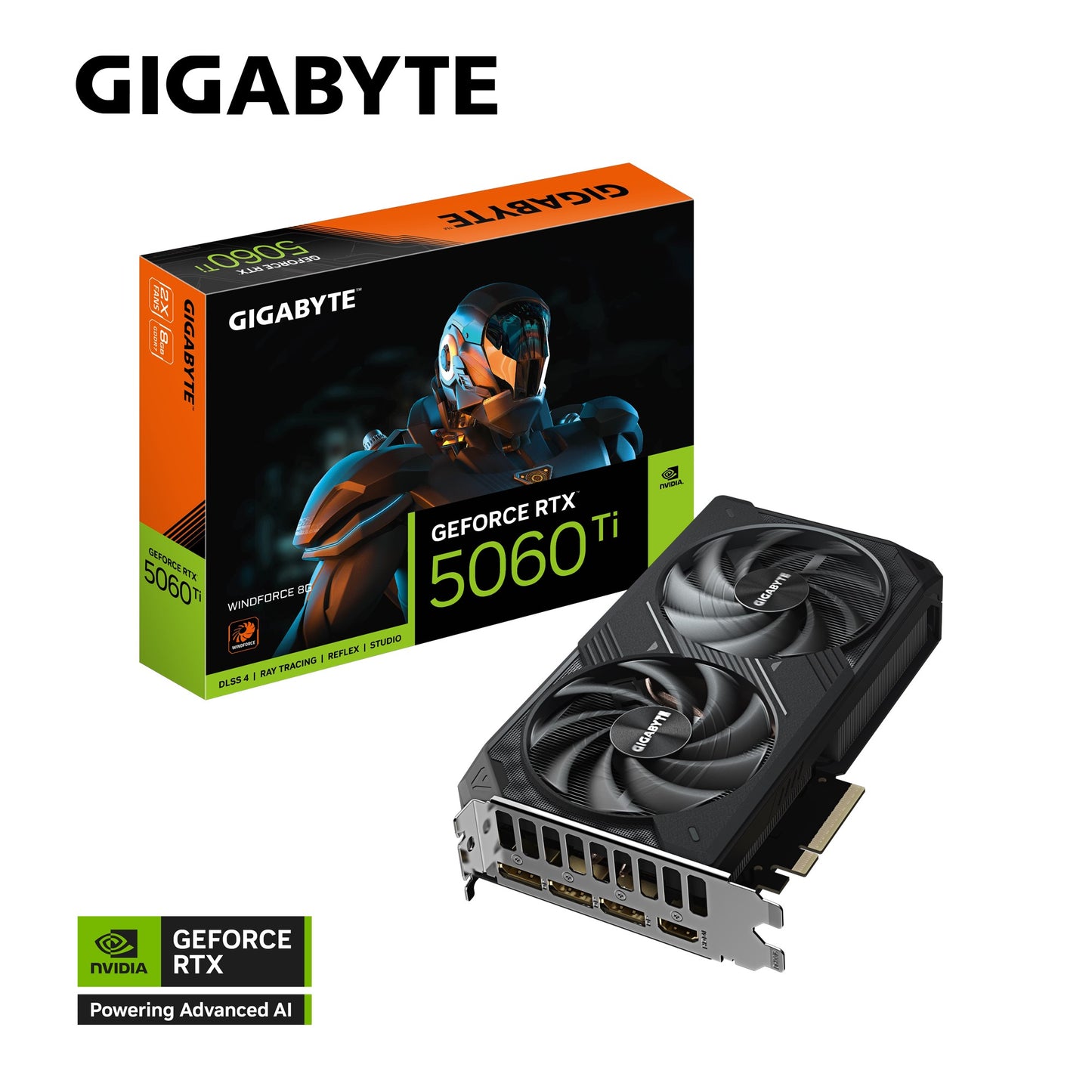 Gigabyte GeForce RTX⢠5060 Ti WINDFORCE 8G, 2572 MHz, CUDA TBD, 28 Gbps, GDDR7, 128 bit, PCI-E 5.0, PSU 650W, DisplayPort 2.1b *3 HDMI 2.1b *1