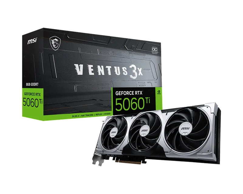 MSI nVidia GeForce RTX⢠5060 Ti 8G VENTUS 3X OC, PCI Express® Gen 5 x 16, Boost: 2602 MHz, CUDA 4608 Units, 8GB GDDR7, HDMI⢠x 1