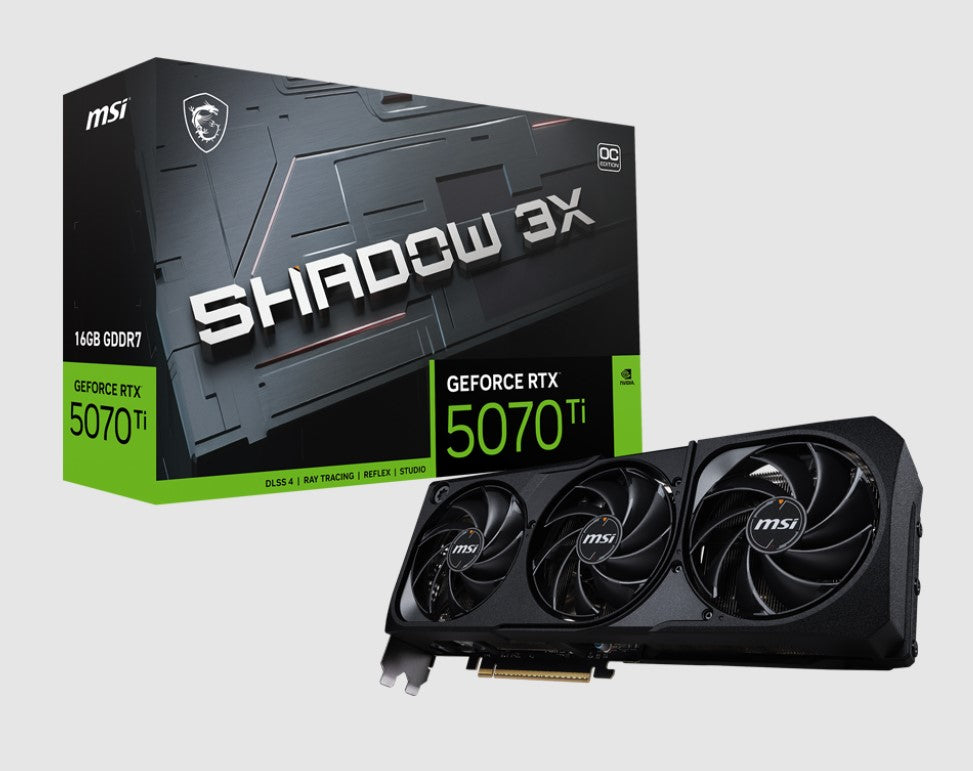 MSI nVidia GeForce RTX⢠5070 Ti 16G SHADOW 3X OC, PCI Express® Gen 5, Boost: 2482 MHz, CUDA 8960 Units, 16GB GDDR7, HDMI⢠x 1