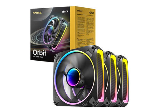 Antec Orbit 120 ARGB 3PK, Extreme Lighting 4 sides & Mirror inward Effect, PWM, 28MM Thickness Focus Airflow 66.72 CFM, FDB 9 Blades. Woven cable Fan