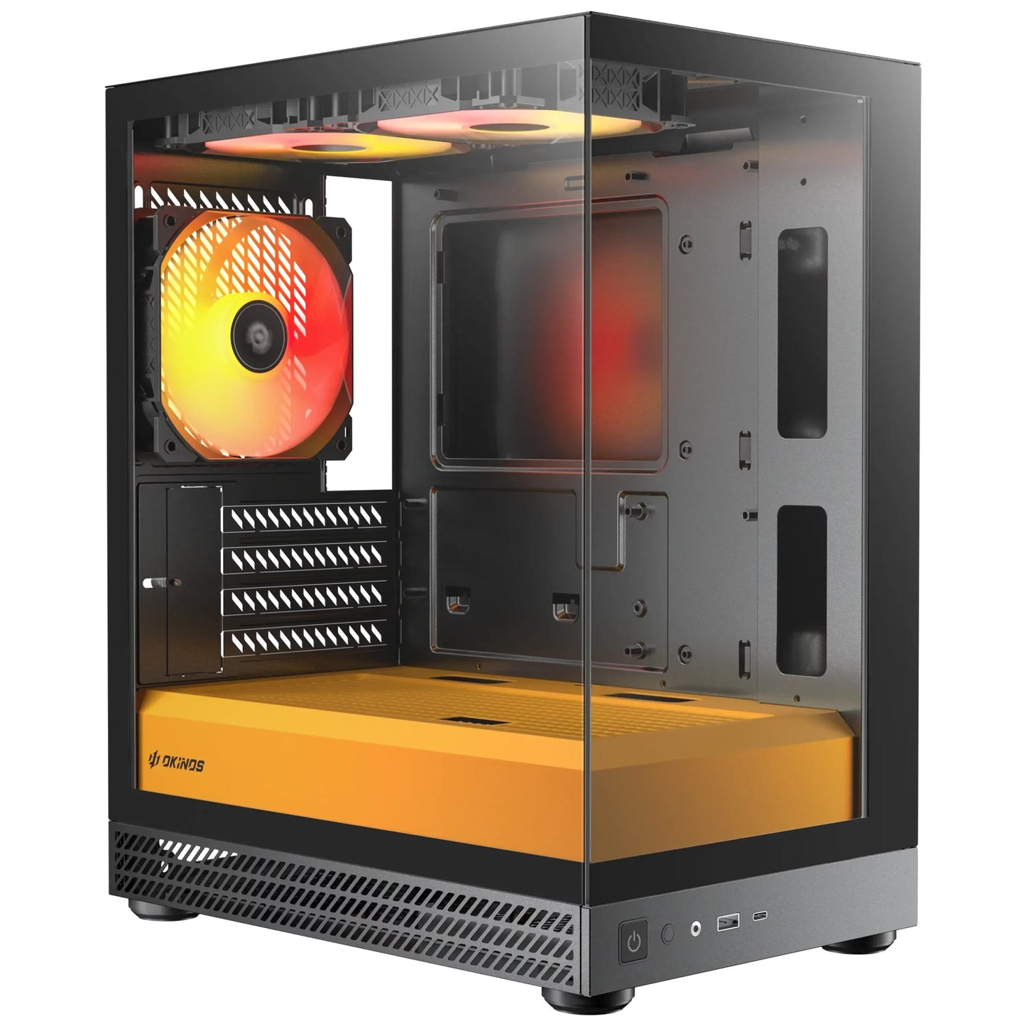 OKINOS AQUA UNO CANARY, Mini Tower, Micro-ATX/ITX, tempered glass, 3Ã120mm ARGB fans, USB 3.0 + Type-C, â¤309mm GPU, â¤165mm CPU cooler, steel