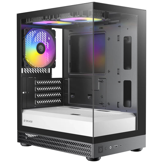 OKINOS AQUA UNO ZEBRA, Mini Tower, Micro-ATX/ITX, tempered glass, 3Ã120mm ARGB fans, USB 3.0 + Type-C, â¤309mm GPU, â¤165mm CPU cooler, steel