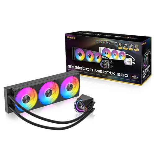 Antec Skeleton Matrix 360 ARGB - Black, 360mm AIO, ARGB, 2400RPM, 74.23 CFM, 2.6mmHâO, Intel/AMD, 3-Year Warranty