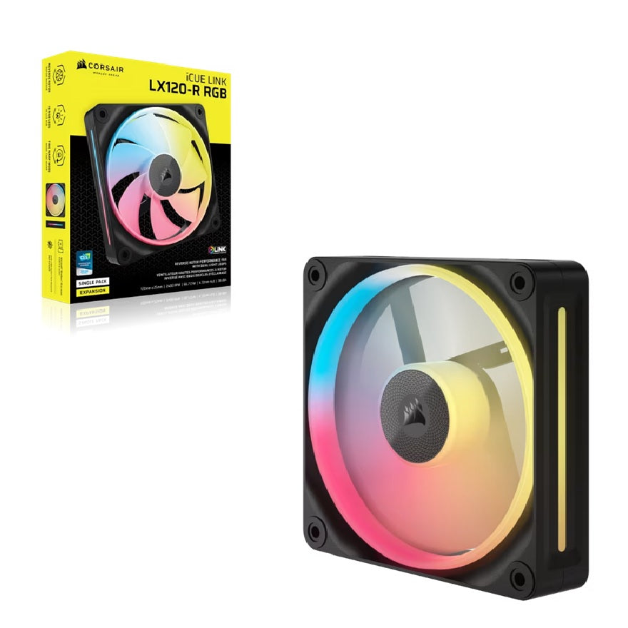 Corsair iCUE LINK LX120âR RGB 120â¯mm PWM Reverse Fan Expansion Single Pack â Black: 66.7â¯CFM, 2400â¯RPM, 37.7â¯dBA, 0.4â¯A,Static Pressure, Magnetic Dome
