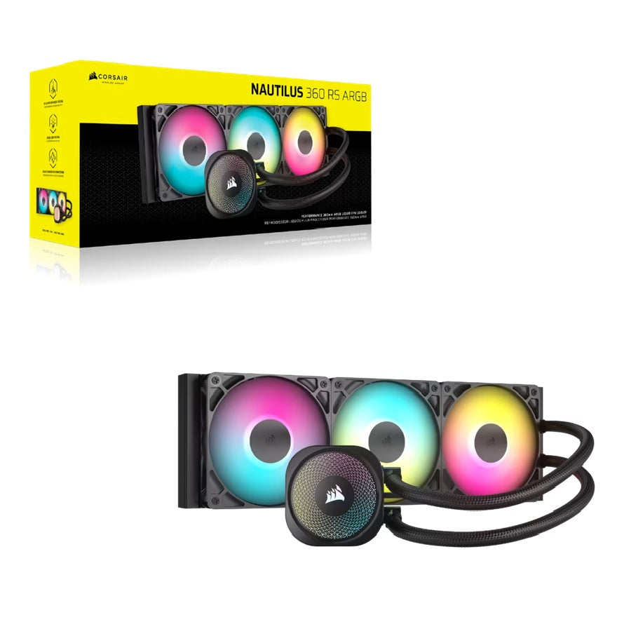 Corsair NAUTILUS 360 RS ARGB Liquid CPU Cooler, Aluminum Rad, Copper Cold Plate, PWM Fan Control, 1700 RPM, 360mm rad, 450mm Tubing, 3x Fans